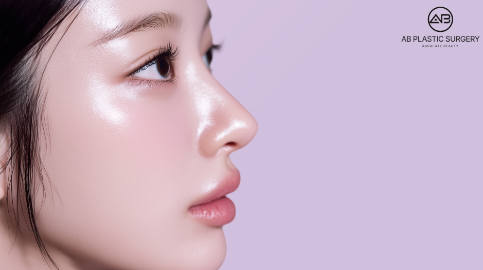 Foto close-up profil samping wajah wanita dengan bentuk hidung mancung alami, contoh jenis hidung ideal untuk operasi plastik di Operasi Plastik AB Korea